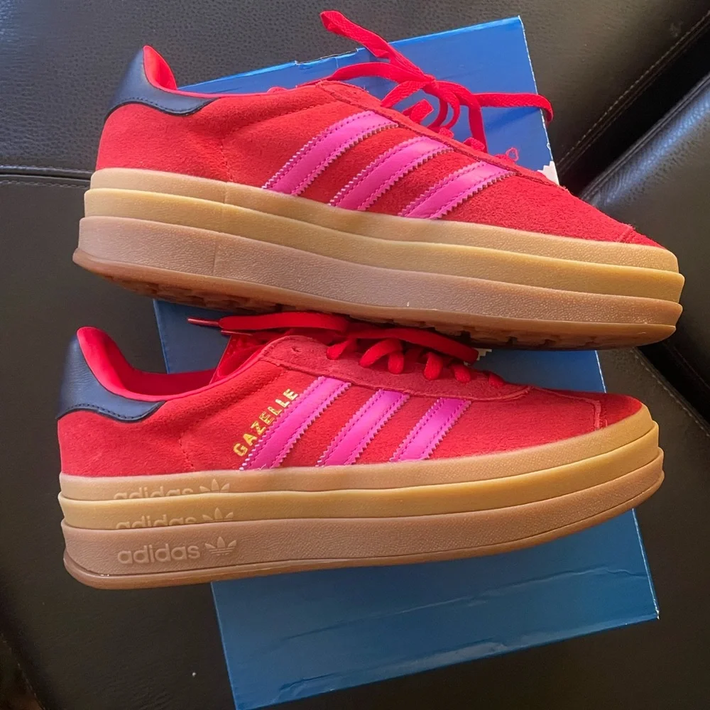 Adidas Gazelle Bold,Brand New, Size 7 Red Suede Sneakers with Pink Stripes - Picture 2 of 7